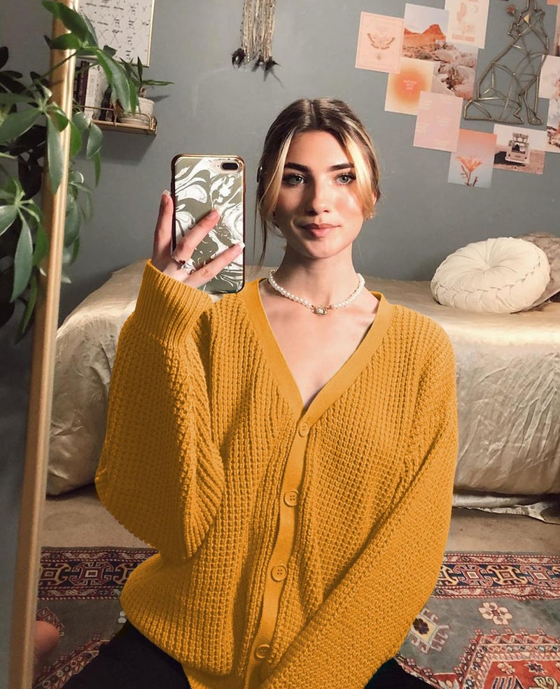 QUALFORT Women's Mustard Cardigan Sweaters for Women 100% Cotton Button-Down Long Sleeve Oversized Knit Outerwear Mustard X-Large - Image 5